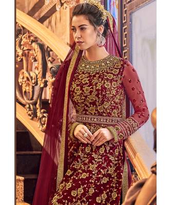 Maroon Embroidered Net Semi Stitched Salwar With Dupatta 1
