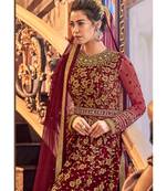 Maroon Embroidered Net Semi Stitched Salwar With Dupatta