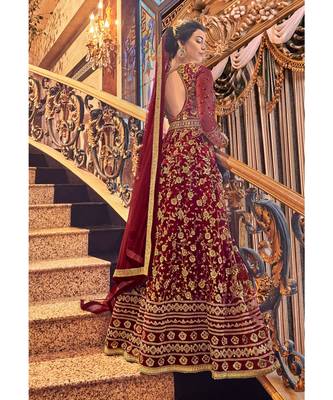 Maroon Embroidered Net Semi Stitched Salwar With Dupatta 2