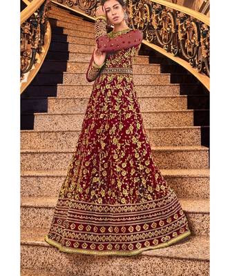 Maroon Embroidered Net Semi Stitched Salwar With Dupatta 3
