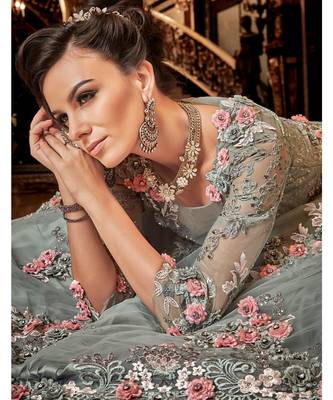 Grey Embroidered Net Semi Stitched Salwar With Dupatta 1