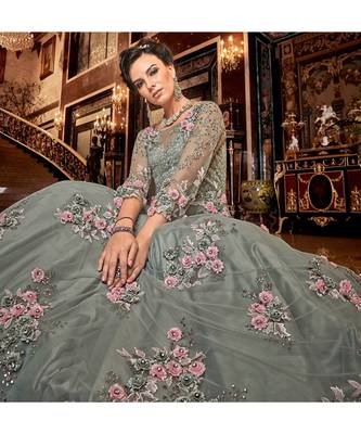 Grey Embroidered Net Semi Stitched Salwar With Dupatta 2