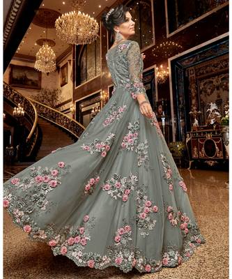 Grey Embroidered Net Semi Stitched Salwar With Dupatta 3
