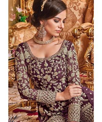 Wine Embroidered Net Semi Stitched Salwar With Dupatta 1
