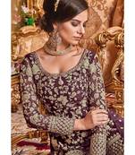 Wine Embroidered Net Semi Stitched Salwar With Dupatta