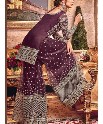 Wine Embroidered Net Semi Stitched Salwar With Dupatta 2