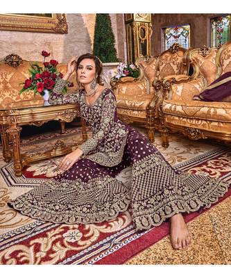 Wine Embroidered Net Semi Stitched Salwar With Dupatta 3
