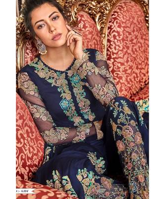 Blue Embroidered Art Silk Semi Stitched Salwar With Dupatta 2