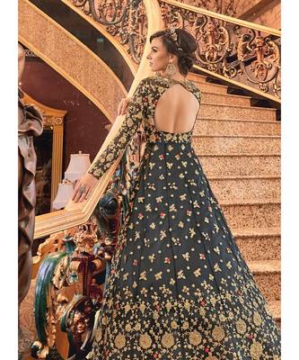 Grey Embroidered Net Semi Stitched Salwar With Dupatta 1