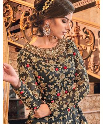 Grey Embroidered Net Semi Stitched Salwar With Dupatta 2