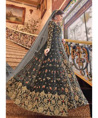 Grey Embroidered Net Semi Stitched Salwar With Dupatta 3