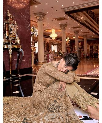 Beige Embroidered Net Semi Stitched Salwar With Dupatta 1