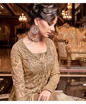 Beige Embroidered Net Semi Stitched Salwar With Dupatta 2