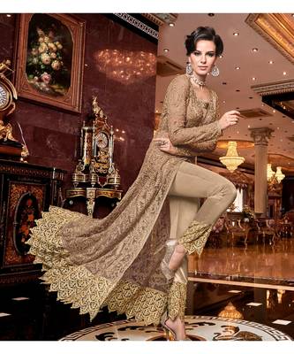 Beige Embroidered Net Semi Stitched Salwar With Dupatta 3