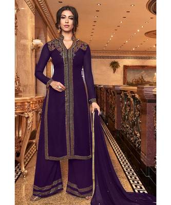 Purple Embroidered Georgette Semi Stitched Salwar With Dupatta 2