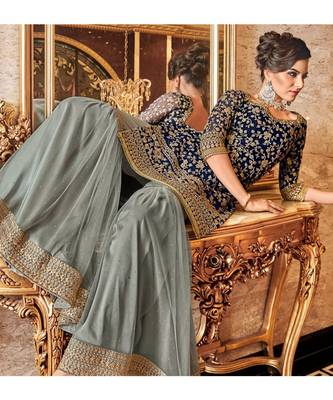 Blue Embroidered Net Semi Stitched Salwar With Dupatta 1