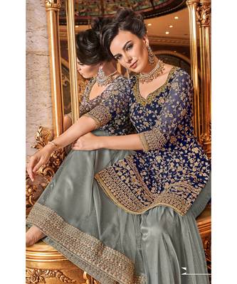 Blue Embroidered Net Semi Stitched Salwar With Dupatta 2