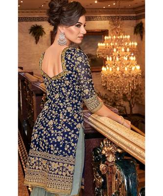 Blue Embroidered Net Semi Stitched Salwar With Dupatta 3