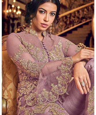 Purple Embroidered Net Semi Stitched Salwar With Dupatta 1