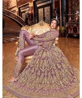 Purple Embroidered Net Semi Stitched Salwar With Dupatta 2