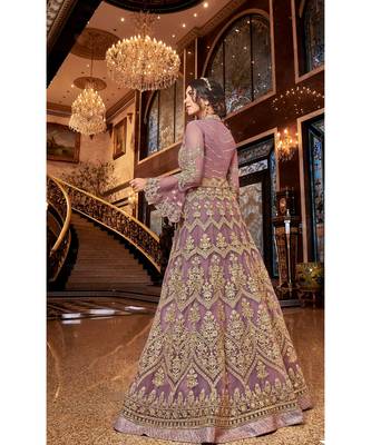 Purple Embroidered Net Semi Stitched Salwar With Dupatta 3