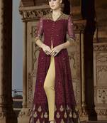 Brown Embroidered Net Semi Stitched Salwar With Dupatta