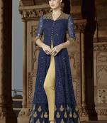 Blue Embroidered Net Semi Stitched Salwar With Dupatta