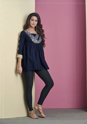 Navy-blue embroidered viscose rayon long-tops 1