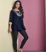 Navy-blue embroidered viscose rayon long-tops