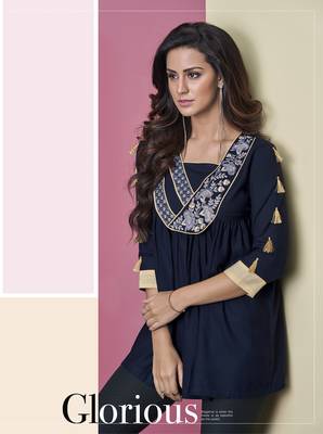 Navy-blue embroidered viscose rayon long-tops 2