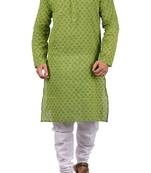 Green woven cotton kurta-pajama