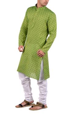 Green woven cotton kurta-pajama 3