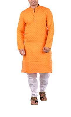 Orange woven cotton kurta-pajama 1
