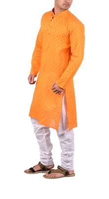 Orange woven cotton kurta-pajama 3