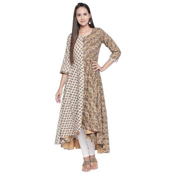 Beige printed cotton ethnic-kurtis 4