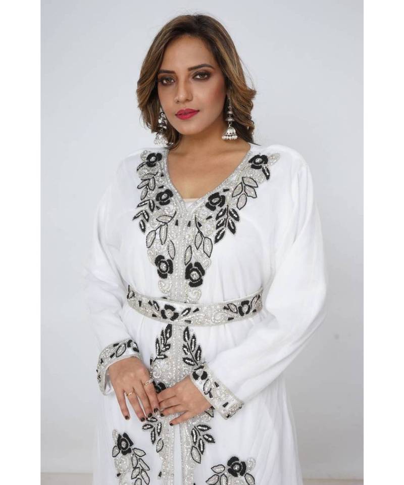 White Georgette Embroidered Zari Work Islamic Kaftans