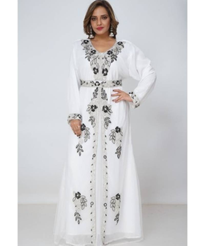 White Georgette Embroidered Zari Work Islamic Kaftans