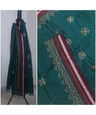 Teal Green handloom khun/Khana dupatta with kasuti embroidery 1