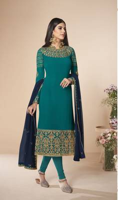 Turquoise embroidered faux georgette salwar 1