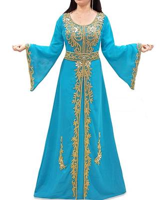 Turquoise Georgette Embroidered Zari Work Islamic Kaftans 1