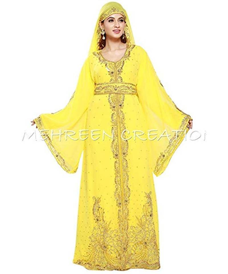 Yellow Georgette Embroidered Zari Work Islamic Kaftans
