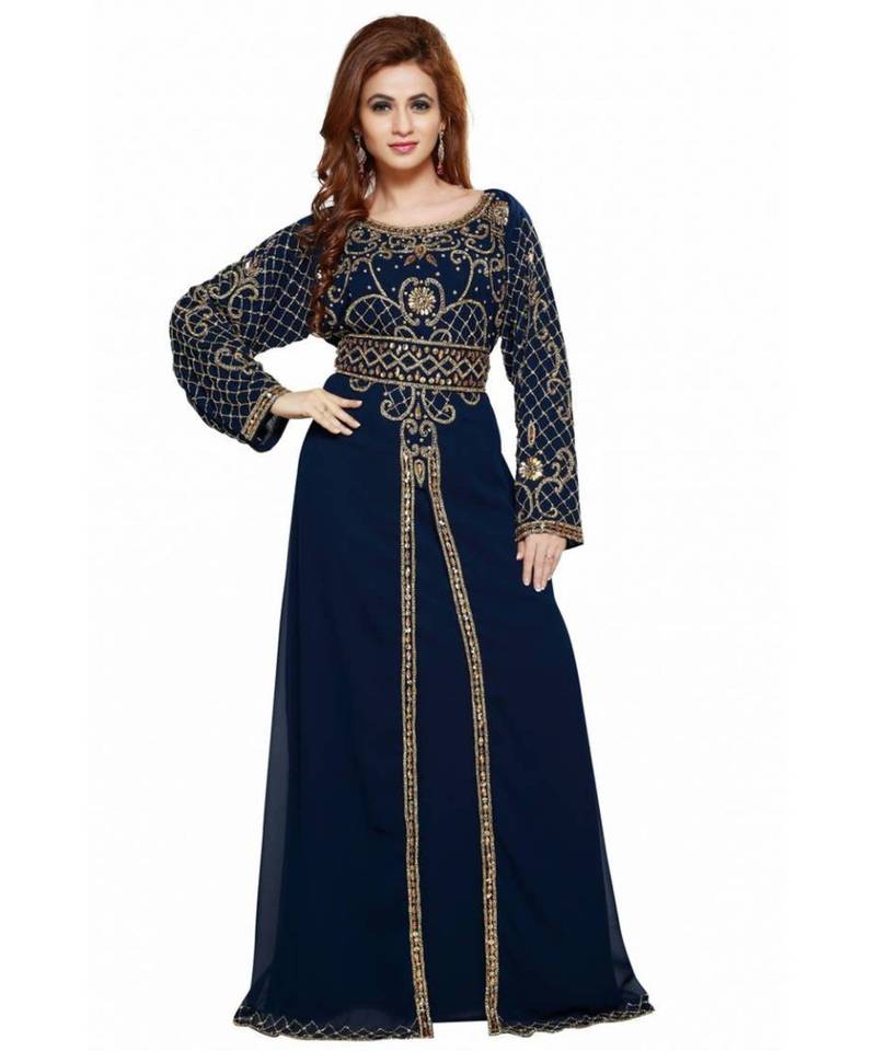 Navy Blue Georgette Embroidered Zari Work Islamic Kaftans