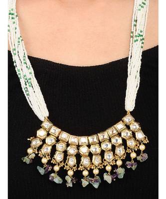 Multicoloured Gold Tone Kundan And Stone Necklace With Earrings 2
