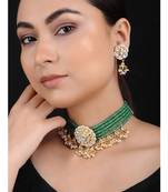 Green Gold Tone Kundan And Beads Choker Set