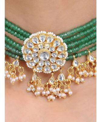Green Gold Tone Kundan And Beads Choker Set 2