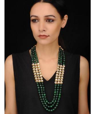 Green Gold Tone Kundan And Onyx Multilayered Long Necklace 1