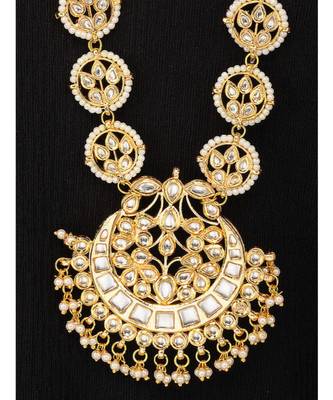 Gold Tone Kundan And Shell Pearls Long Necklace Set 2