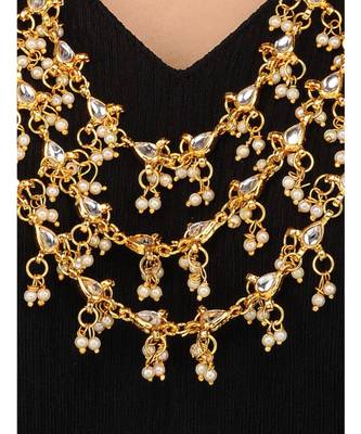 Gold Tone Kundan And Pearls Three Layered Necklace Set 2