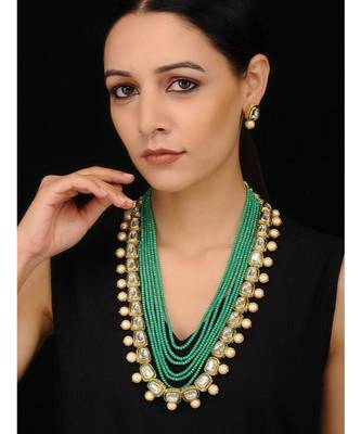 Gold Tone Kundan And Pearls With Green Beaded Necklace  Set 1