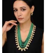 Gold Tone Kundan And Pearls With Green Beaded Necklace  Set